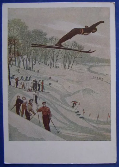 1955 SOVIET POSTCARD picture SKI JUMP by Bibikov skier RARE S 484a