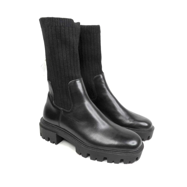 NWT Black ZARA Vegan Leather Lug Sole Sock Style Mid Calf Boots Women Sz 8 EU 39