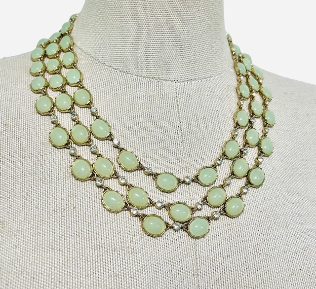 Charming Charlie 3 Strand Light Green & Rhinestone Gold Tone Statement Necklace