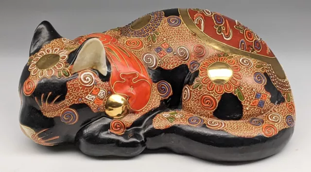 Japanese Kutani Moriage Nemurii Neko Sleeping Cat  10.5''  Signed Black Gold