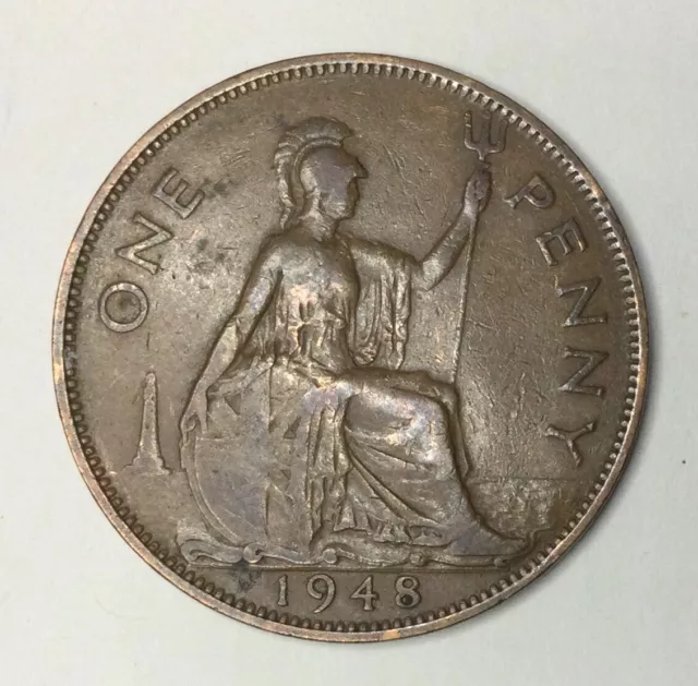 1948 KGV1 ENGLISH, UK, BRITISH  ONE PENNY BRONZE COIN, clear detail.