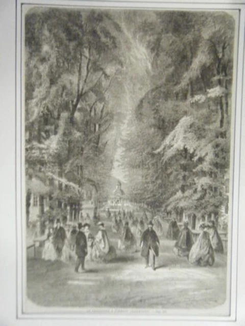 GRAVURE SUR BOIS 19ème LA PROMENADE A PYRMONT ALLEMAGNE