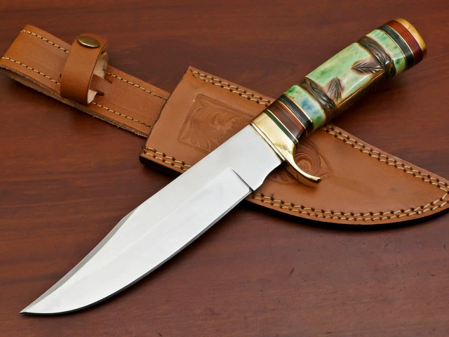 Rody Stan HANDMADE D2 STEEL BLADE BOWIE HUNTING KNIFE - STAINED ENGRAVED BONE
