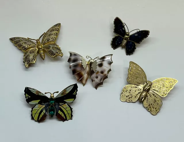 Vintage Butterfly Brooch Lot Pin Shell Filigree Enamel Rhinestone