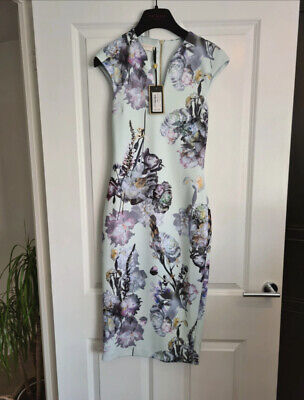 Ted Baker turquoise / pale blue green floral dress, Size 1 (UK Size 8)