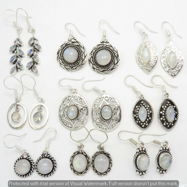 Rainbow Moonstone 10 Pair Wholesale Lot 925 Sterling Silver Earring NLE-652