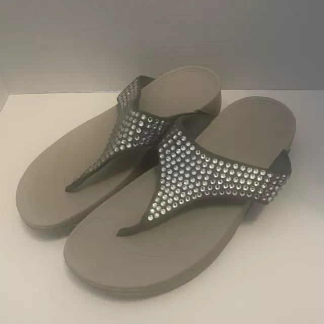FitFlop Rokkit Sandals Women's 9 Gray Suede Toe Post Thong Slip On Rhinestones