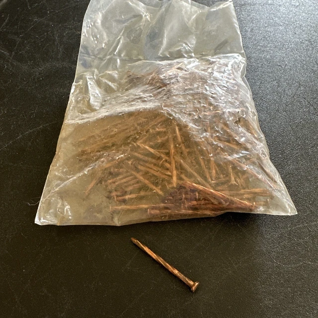 VINTAGE 1 1/4" LONG COPPER NAILS SPIRAL SHANK, 3/16” WIDE FLAT HEAD New in bag