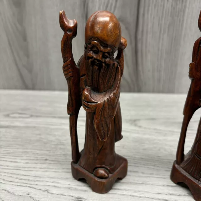 Vintage Hand Carved Wood Statue Old Man Longevity God Shouxing Pair 6” 2