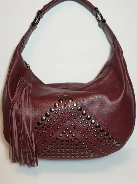 Isabella Fiore Burgundy Bellmore Hobo Tasseled Handstitched Leather Studded$350