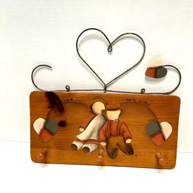 Vintage 1998 Handmade Wooden Hand Painted Peg Keys Towel Holder Hearts to God