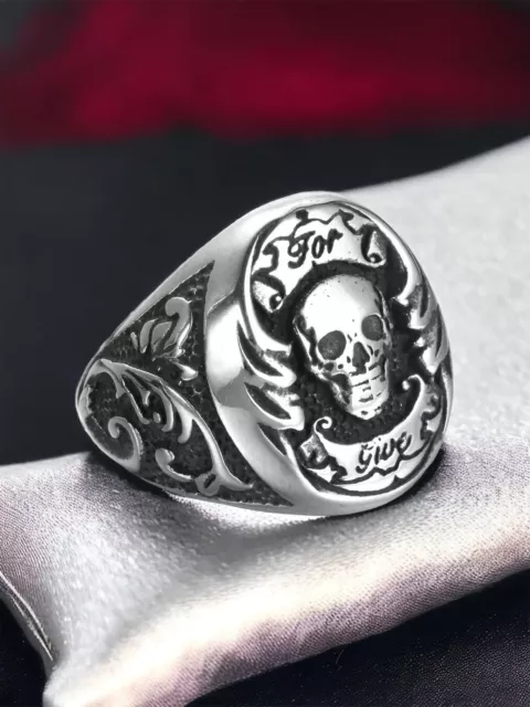 925 Argent Sterling Floral Motif Por Vida Tête de Mort Motard Hommes Bague