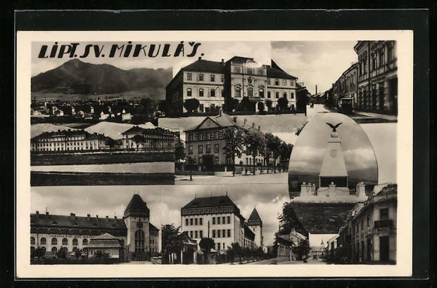 AK Liptovský Mikulás, Ortsansicht, Denkmal, Straßenpartie und Gebäude, Fotomont