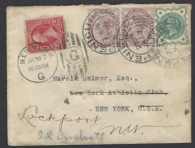 GB QV 1/2d & 1d (2) on redirected cover with USA 2c
