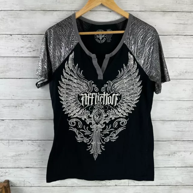 Affliction V-Neck Black Gray Short Sleeve T-Shirt Women's Sz Large Wings