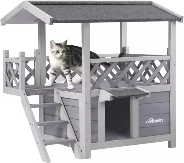 Cat House Outdoor Feral Shelter Door Escape Wooden Kitty Condo with Balcony