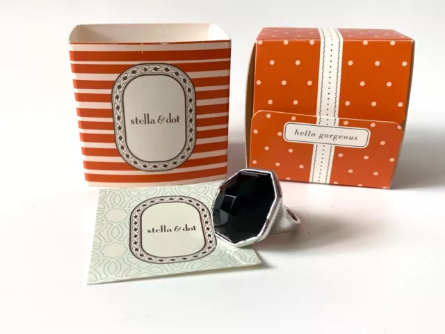 Stella & Dot Auth Silver Tone and Black Adjustable Ring Size 5 6 7 8 in Box