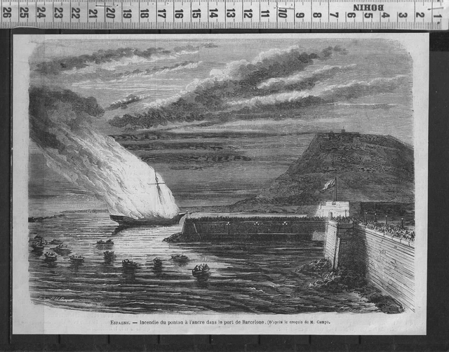 G365 / Gravure 1878 / Incendie Du Ponton Dans Le Port De Barcelone