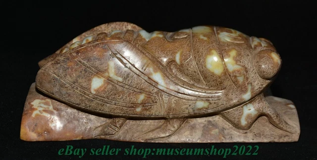 8.8" Old Chinese Xiu Jade Gilt Carved insect Cicada Statue Sculpture