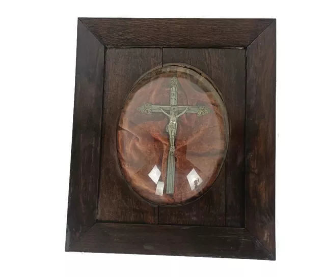 Antique  Wooden Frame Convex Glass Dome Crucifix Cross Square