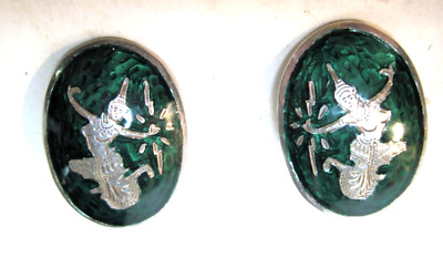 Vintage Old Siam Rare Green Enamel Sterling Silver Clip On Earrings