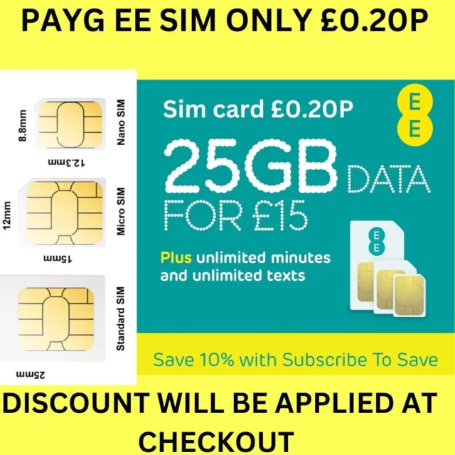 EE Sim Card Pay As You Go £15 Pack 25GB Data Unlimited SMS Mini Micro Nano