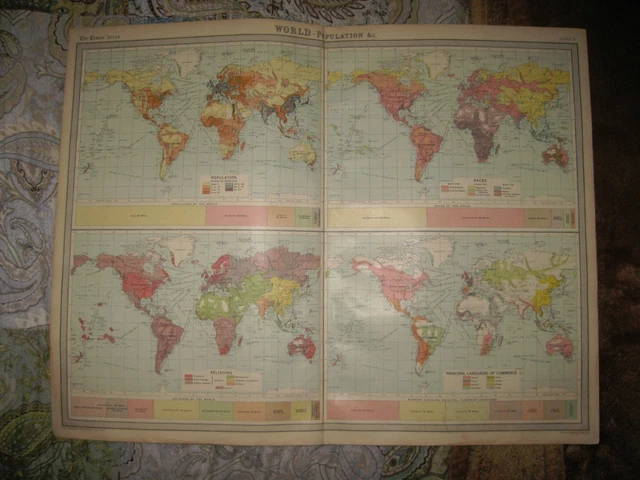 Huge Antique 1922 World Population Times Atlas Map Race Ethnology Religion Fine