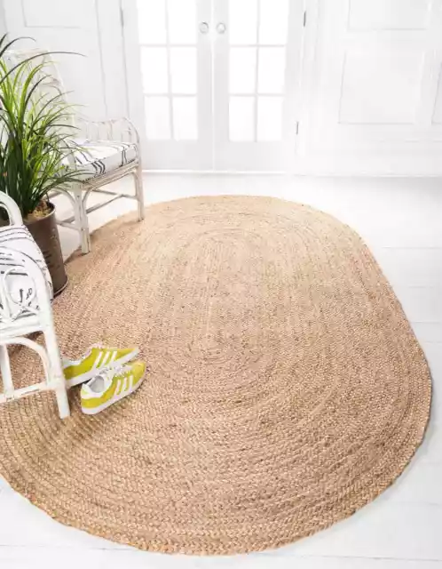 Area Rug Natural Jute Oval Hand Braided Farmhouse Jute Rustic Look Rug, Beige