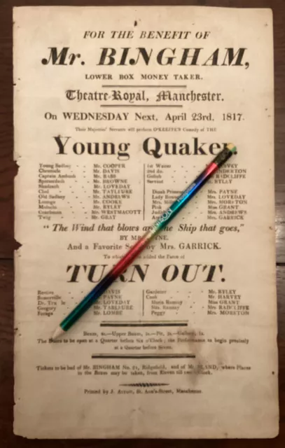 Georgian Playbill Flyer Theatre Royal Manchester 1817 Young Quaker