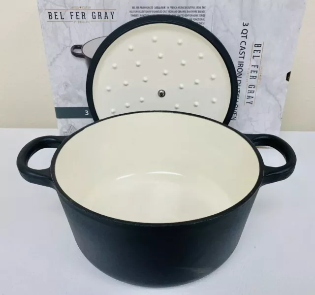 BEL FER GRAY Enameled Cast Iron 3 QT Dutch Kitchen Oven Heavy-Duty Pot Cookware