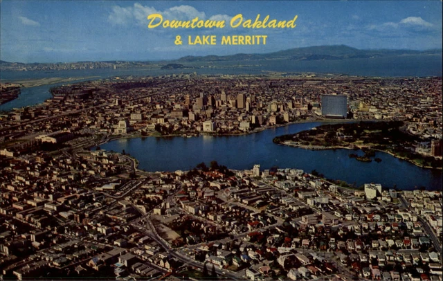 Oakland California skyline Lake Merritt downtown aerial unused vintage postcard