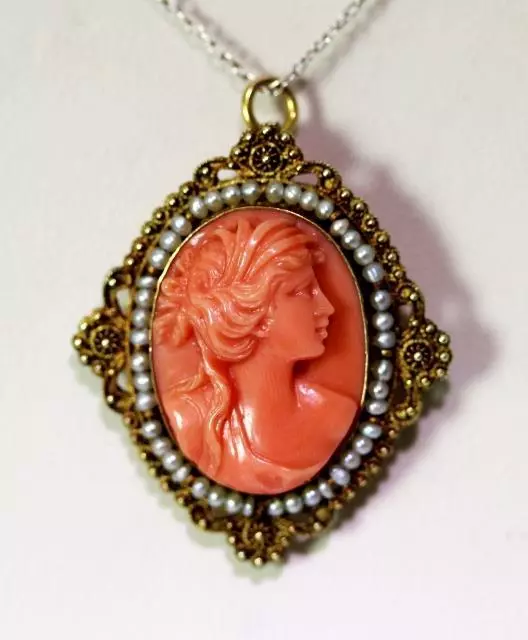 1918 Edwardian Etruscan Style Orange Coral Cameo Pin Pendant 14K Yellow Gold