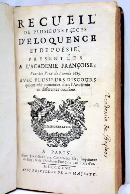 Livre Ancien Recueil De Pieces D'eloquence 1709 Academie Francaise 1726