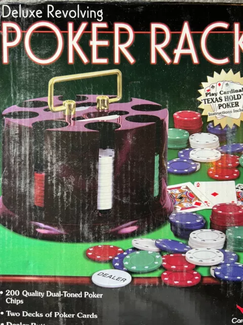 Cardinal-Deluxe Revolving Poker Rack-200 Chips-Caddy-2 Decks Cards~New in Box