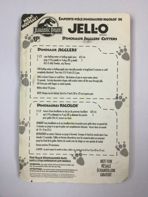 Emporte-pièces Jurassic Park Jell-O Jigglers - Neuf Vintage 1994 - Dinosaures
