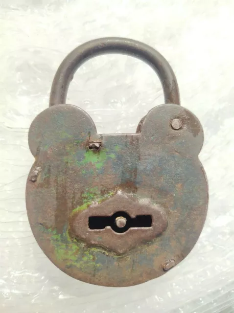 Antique Indian Old Painted Iron Hand Forged Working Condition Padlock With Key