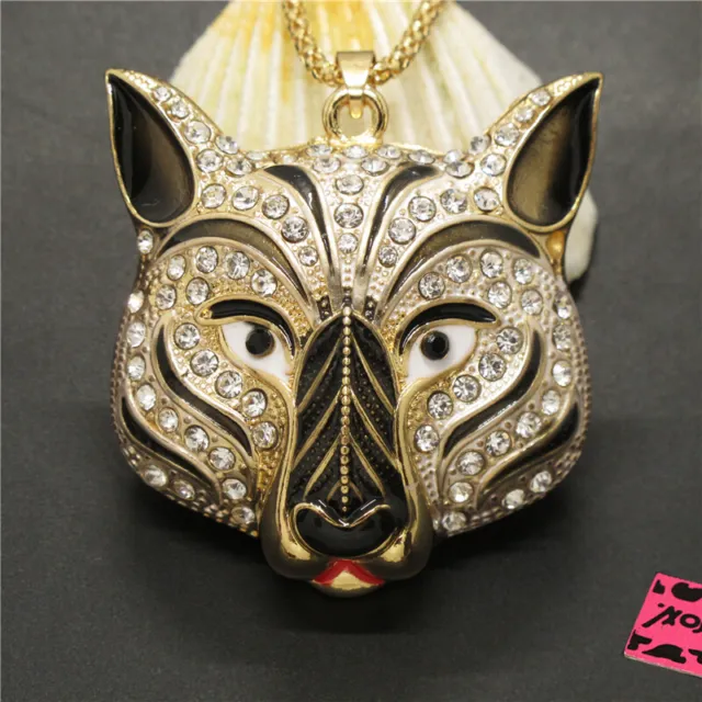 New Holiday gifts  White 3D  Wolf Head Crystal Pendant Necklace Sweater Women
