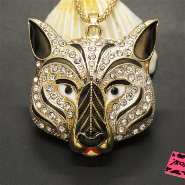 New Holiday gifts  White 3D  Wolf Head Crystal Pendant Necklace Sweater Women