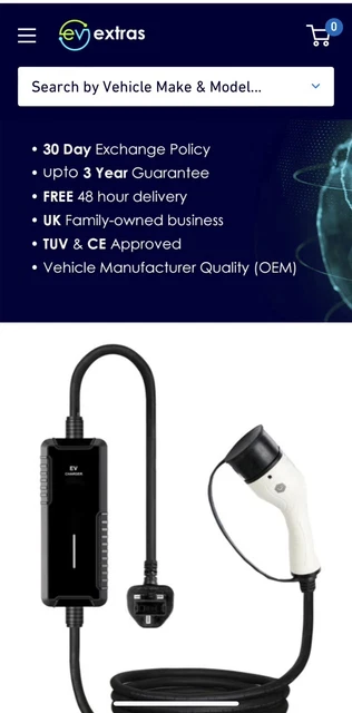 EV EXTRAS Caricabatterie portatile EV tipo 2 5, 7, 10, 15 e 20 metri UK spina a 3 pin
