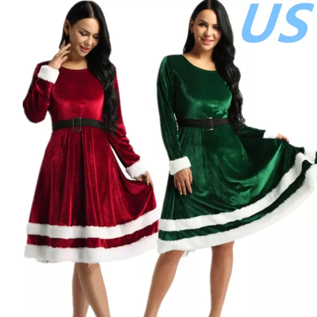 US Womens Christmas Party Costume Santa Claus Velvet Long Dress with Belt Outfit