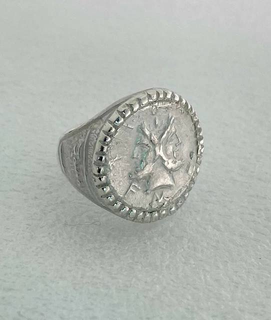 Anello  Romeo con copia moneta di Giano bifronte argento massiccio 925