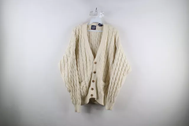 Vintage 90s Gap Mens Large Heavyweight Chunky Cable Knit Cardigan Sweater Cream