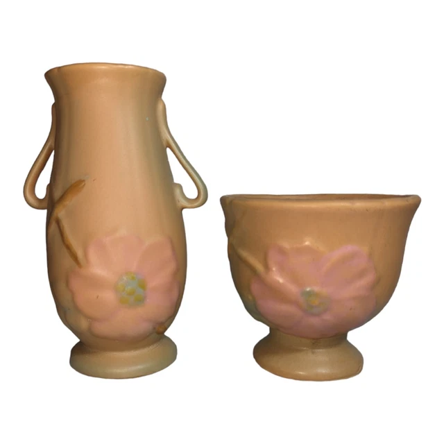 VINTAGE ~ WELLER Art Pottery Vase - Wild Rose Green Matte 2 handles - 6