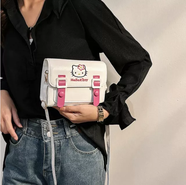 Hello Kitty Embroidered Messenger Crossbody Bag Vegan Leather Buckle Women Girls