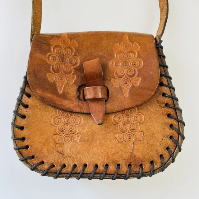 Vintage Hand Tooled Carved Brown Leather Shoulder Small Handbag Boho Cowboycore 2