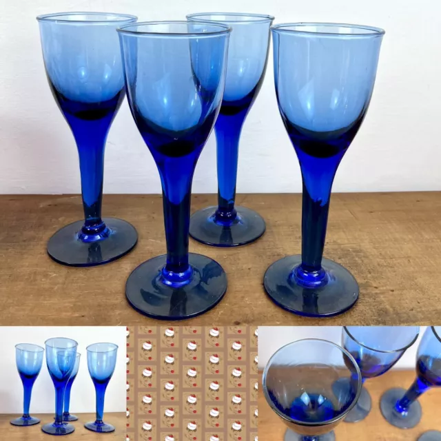 Four Vintage Cobalt Blue Wine Goblets Glasses Tall Stem MCM