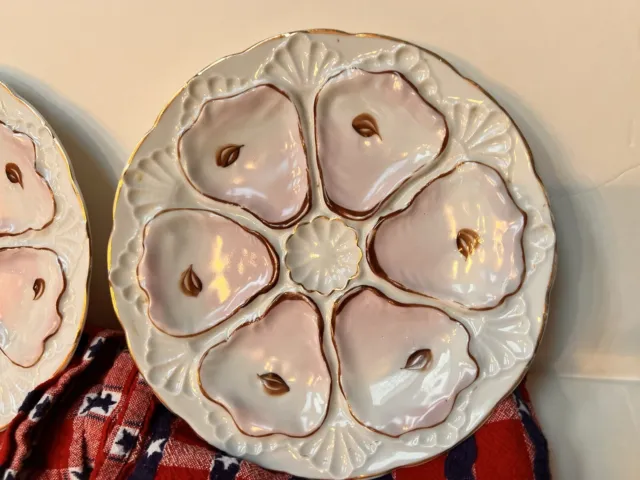 2x Antique 6 Well Oyster Plates French Hand Painted Porcelain Pink Gold 8 Inch 2