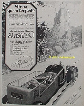 Publicite Carrosserie Paul Audineau Torpedo Cielouvert Chateau De 1927 Advert Ad