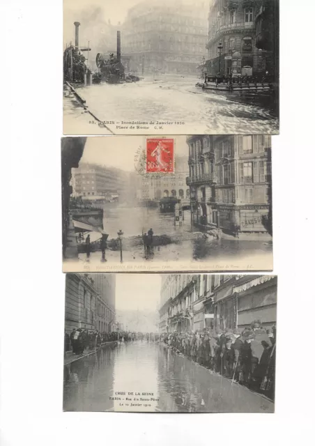 3 belles cpa de PARIS en 1910 sous les inondations