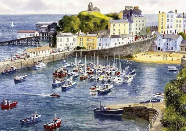 TENBY HARBOUR SEASCAPE BEACH BOATS WEST WALES PAINTING Canvas Wall art 20x30inc